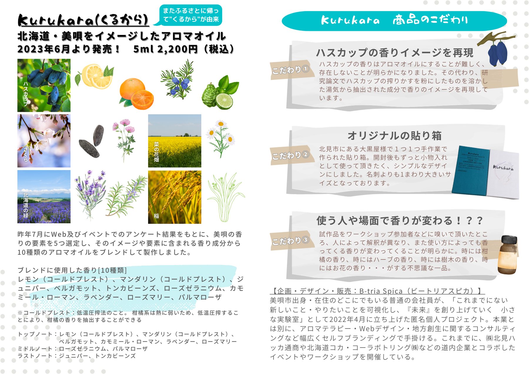Kurukara商品説明POP：使用した香りの要素とこだわり